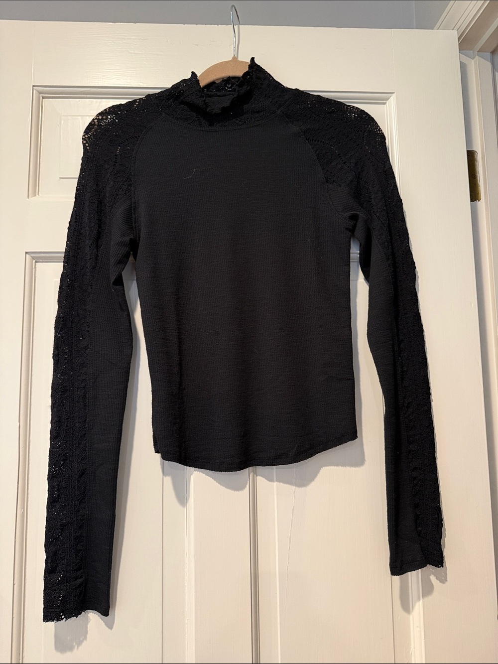 Free People Black Lace-Trim Long Sleeve Top